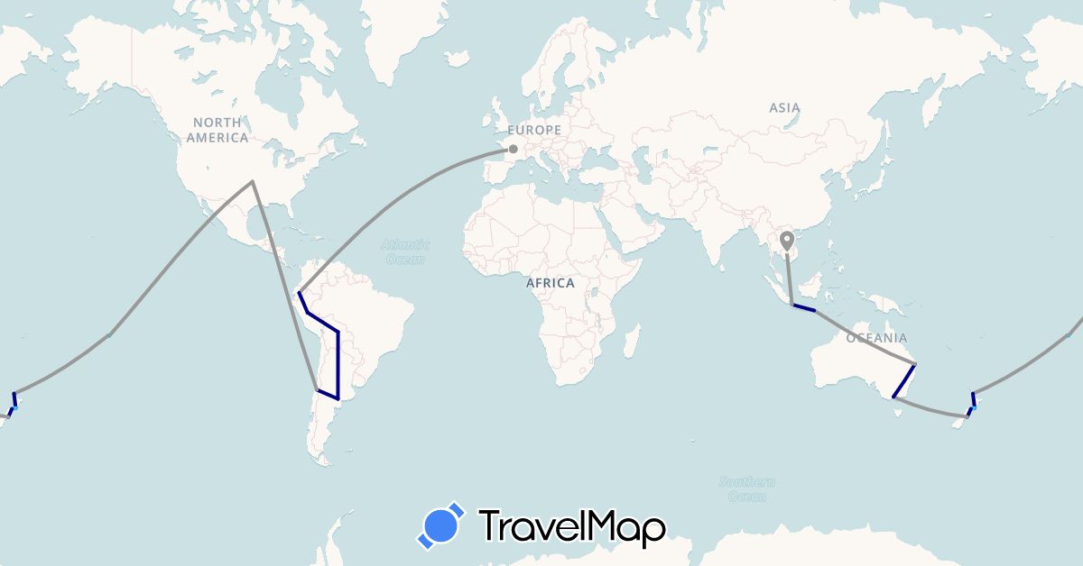 TravelMap itinerary: driving, plane, boat in Argentina, Australia, Bolivia, Chile, France, Indonesia, Cambodia, New Zealand, Peru, French Polynesia, United States (Asia, Europe, North America, Oceania, South America)